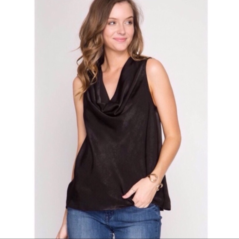 NWOT Black Satin Cowl Neck Sleeveless Shift Blouse Size Medium Top